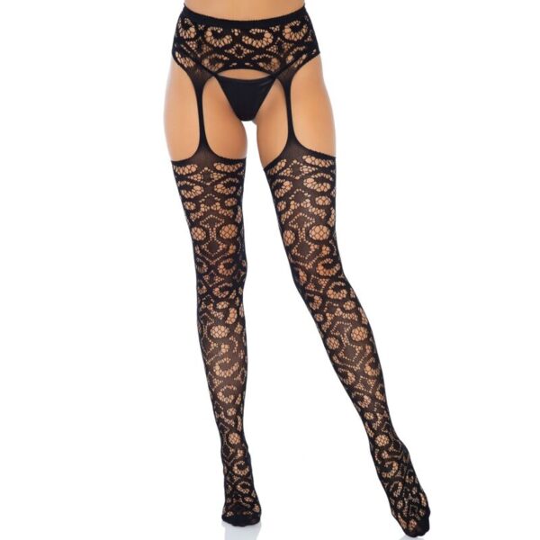 POTENTE - LEG AVENUE - SCROLL LACE GARTER BELT MEIAS TAMANHO ÚNICO