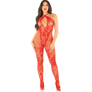 POTENTE - LEG AVENUE - BODYSTOCKING DE MALHA COM ESTAMPA DE FLORES VERMELHO TAMANHO ÚNICO