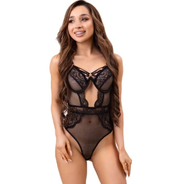 POTENTE - LIVCO CORSETTI FASHION - PAULA LC 20209 BODY COM DECORAÇÕES DE RENDA PRETO S/M