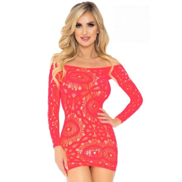 POTENTE - LEG AVENUE - MINI VESTIDO DE CROCHÊ DE RENDA MANGA COMPRIDA VERMELHO TAMANHO ÚNICO