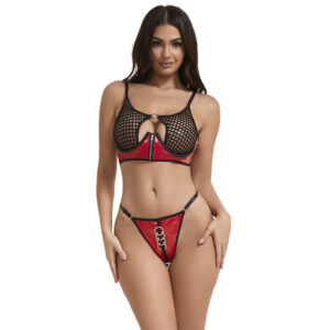 POTENTE - SUBBLIME - 955540 CONJUNTO DE SUTIÃ DE COURO VERMELHO COM ZÍPER DE MALHA L/XL