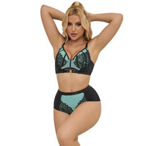 POTENTE - SUBBLIME - 955564 CONJUNTO DE SUTIÃ DE COURO VERDE COM ZÍPER DE MALHA L/XL