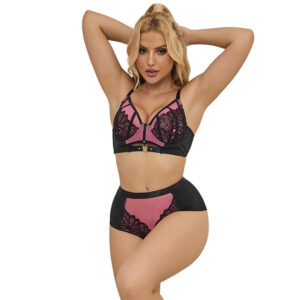 POTENTE - SUBBLIME - 955571 CONJUNTO DE SUTIÃ DE COURO VERDE COM ZÍPER DE MALHA ROSA P/M