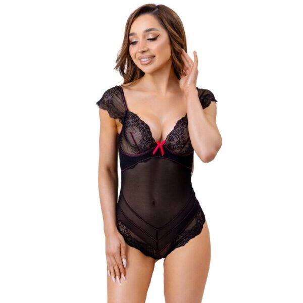 POTENTE - LIVCO CORSETTI FASHION - EVELYN LC 20243 BODY COM RENDA E TRANSPARÊNCIAS PRETO S/M