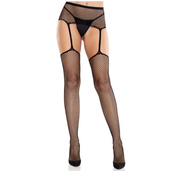 POTENTE - LEG AVENUE - MEIAS DE RENDA COM CRUZ E CINTO-LIGA PRETO