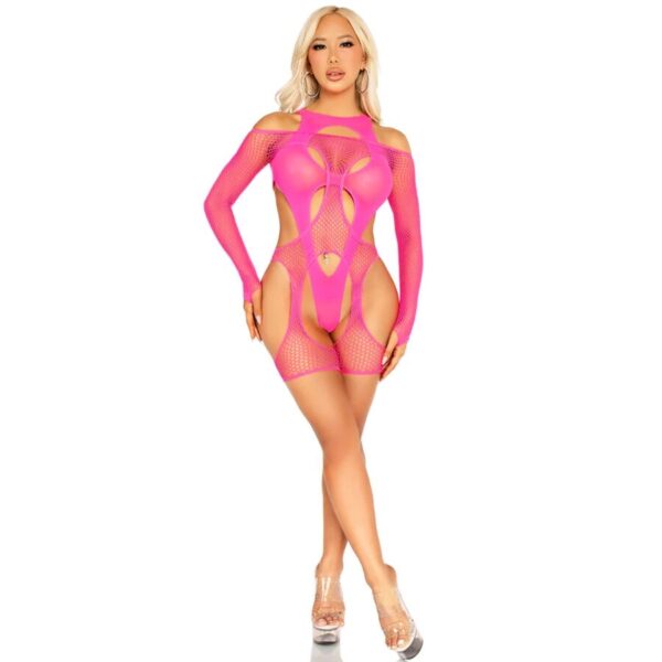 POTENTE - LEG AVENUE - BODYSTOCKING DE REDE COM CINTA-LIGA E ARNÊS ROSA NEON