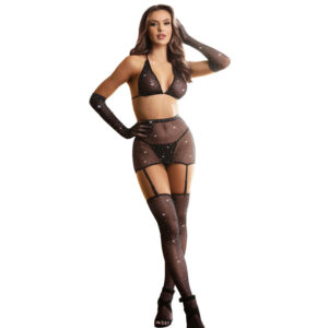 POTENTE - SUBBLIME - 952174 BODYSTOCKING DE REDE COM LUVAS E DIAMANTES PRETO TAMANHO ÚNICO