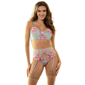 POTENTE - SUBBLIME - 957643 CONJUNTO DE SUTIÃ E CINTO-LIGA BORDADO COM FLORES ROSA S/M