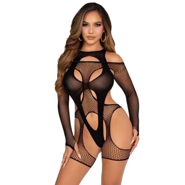 POTENTE - LEG AVENUE - BODYSTOCKING DE REDE COM CINTA-LIGA E ARNÊS PRETO