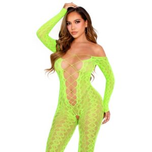 POTENTE - LEG AVENUE - BODYSTOCKING SEM BASE EXÓTICO RENDA DE COBRA VERDE NEON