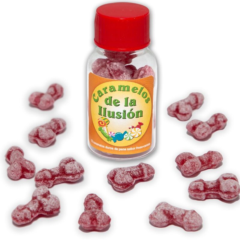 POTENTE - DIABLO PICANTE - 12 DOCES ILUSO EM FORMA DE PÊNIS MORANGO/CEREJA