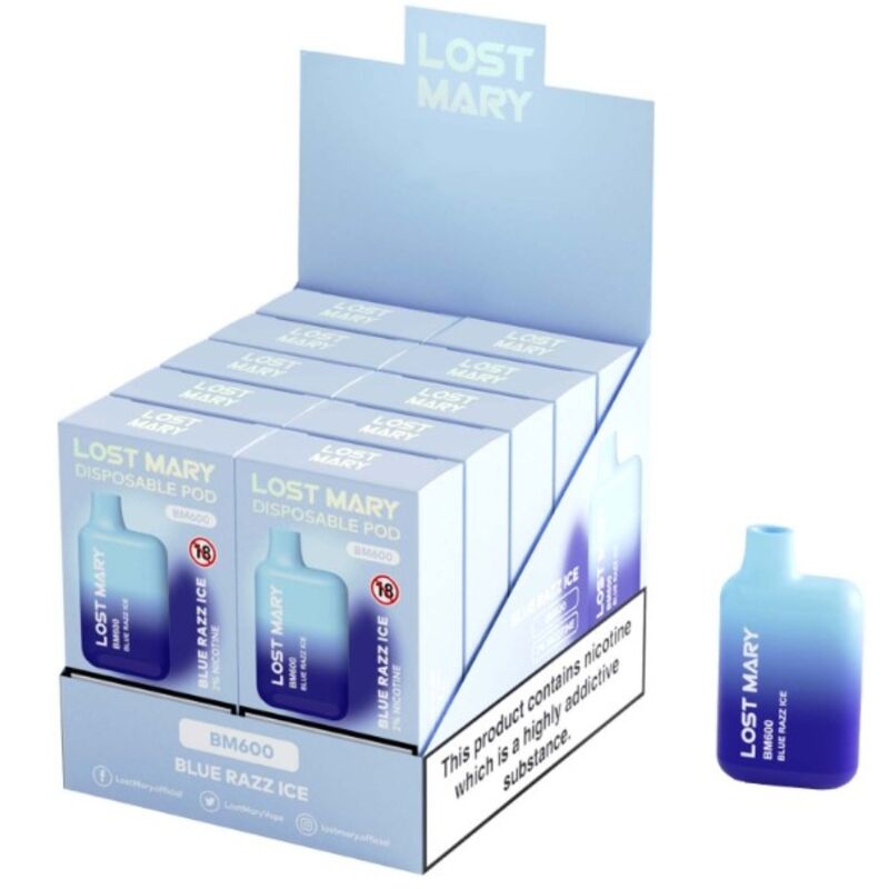 POTENTE - LOST MARY - (EXPOSITOR PROFESSIONAL PACK -10 UNIDADES) BM600 NICOTINE VAPER 2% DESCARTÁVEL AZUL RAZZ ICE