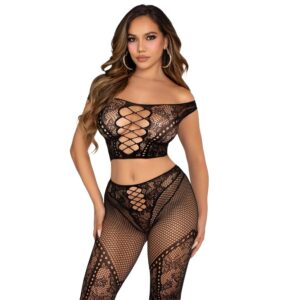 POTENTE - LEG AVENUE - TOP CROP E LEGGING DE REDE COM OMBROS À FRENTE PRETO