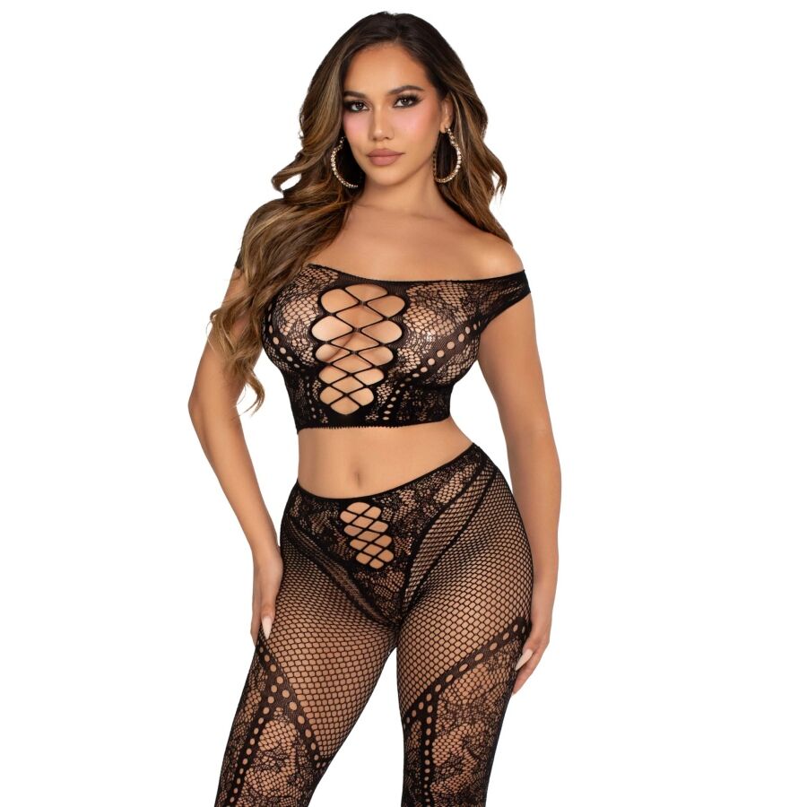 POTENTE - LEG AVENUE - TOP CROP E LEGGING DE REDE COM OMBROS À FRENTE PRETO