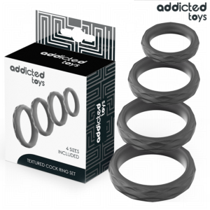 POTENTE - ADDICTED TOYS - CONJUNTO DE ANÉIS PENIANOS TEXTURIZADOS - 4 TAMANHOS