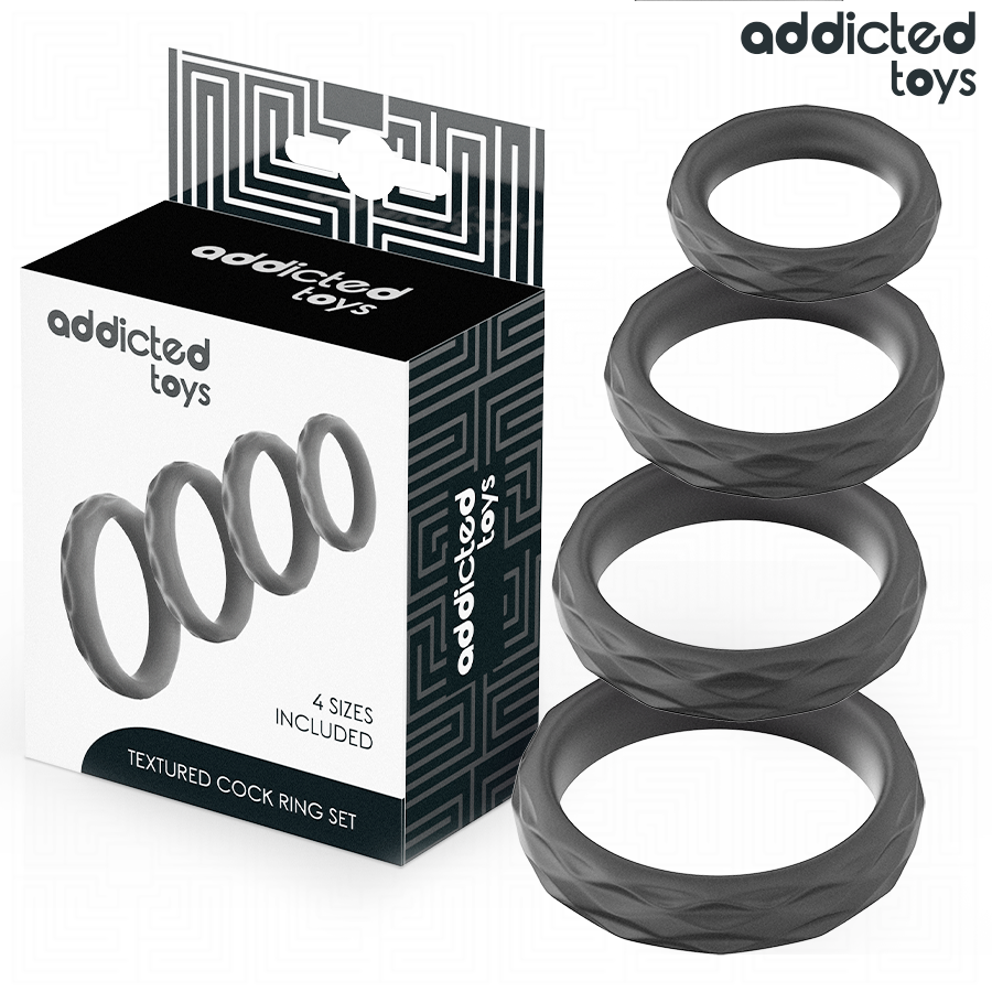 POTENTE - ADDICTED TOYS - CONJUNTO DE ANÉIS PENIANOS TEXTURIZADOS - 4 TAMANHOS