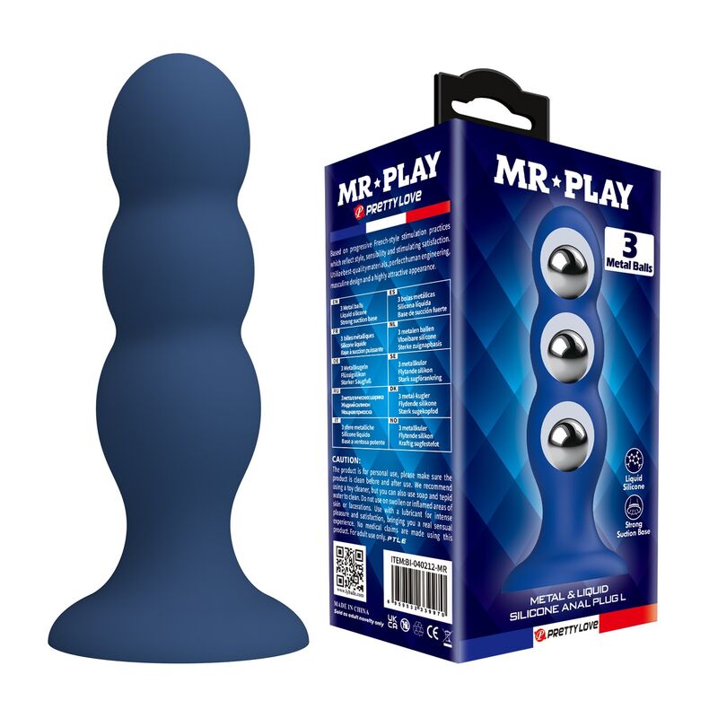 POTENTE - MR PLAY - PLUG ANAL COM BOLINHAS DE METAL E VENTOSA AZUL