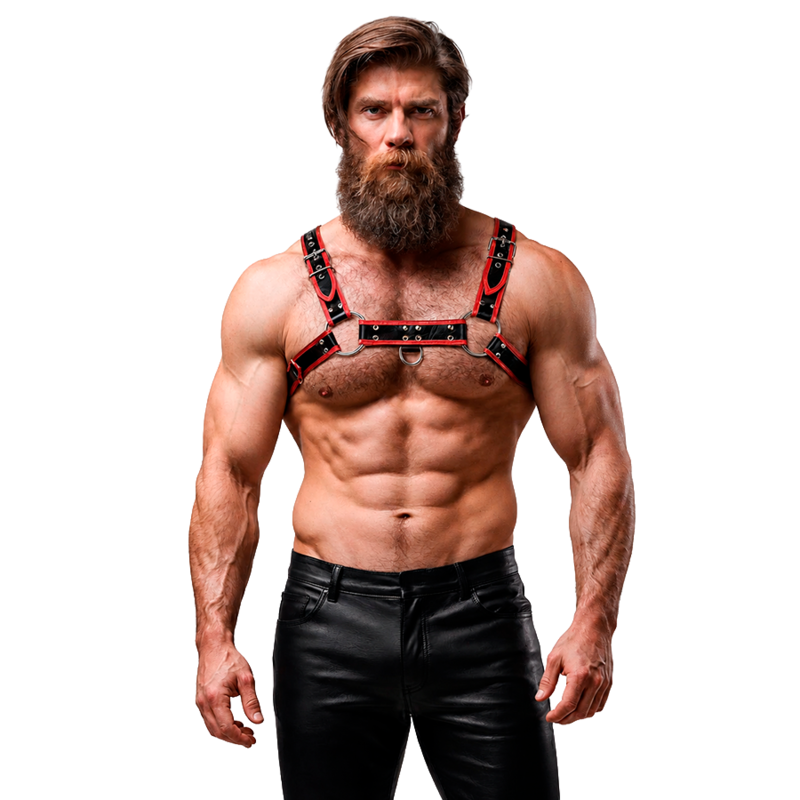 POTENTE - FETISH SUBMISSIVE ATTITUDE - ARNÊS DE PEITORAL DE COURO ECOLÓGICO MASCULINO PRETO/VERMELHO