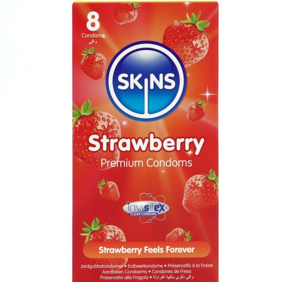 POTENTE - SKINS - PRESERVATIVOS PREMIUM DE MORANGO - PACOTE COM 8