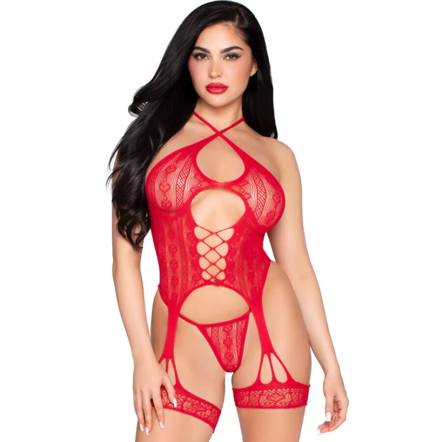 POTENTE - LEG AVENUE - 89338 BODY ABERTO DE RENDA COM CINTA-LIGA + TANGA VERMELHA - TAMANHO ÚNICO