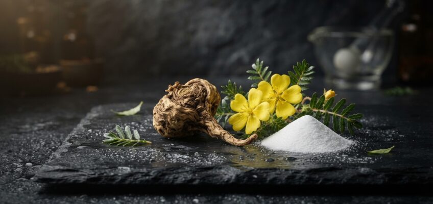 Arranjo conceptual de ingredientes botânicos naturais e raízes medicinais para a performance masculina.