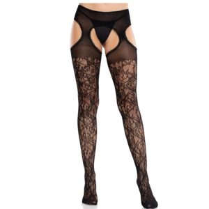 POTENTE - LEG AVENUE - MEIAS DE RENDA FLORAL COM LIGAS UNITED BLACK