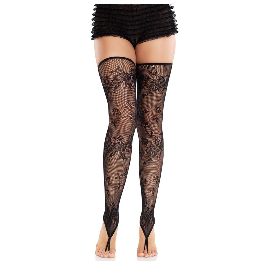 POTENTE - LEG AVENUE - MEIAS SEM PÉS DE RENDA FLORAL PRETAS